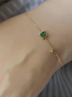 925 Sterling Silver Simple Emerald Crystal Chain Bracelet Plating 14k Gold