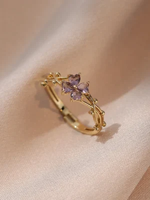 Romantic Purple Four Leaf Zircon Flower Stainless Steel Ring