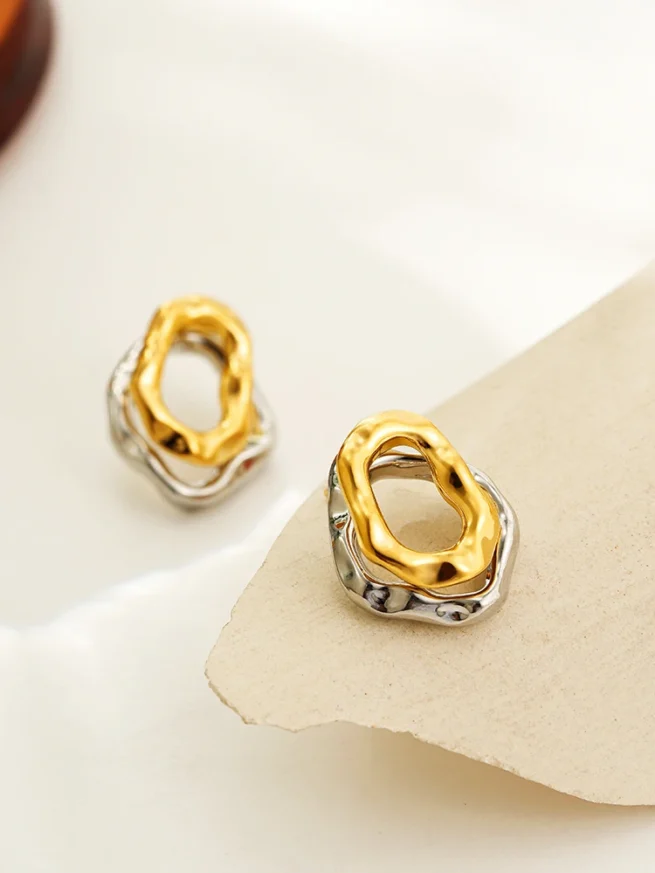 Geometric Stainless Steel Mix Color Bilayer Irregular Metal Texture Earrings