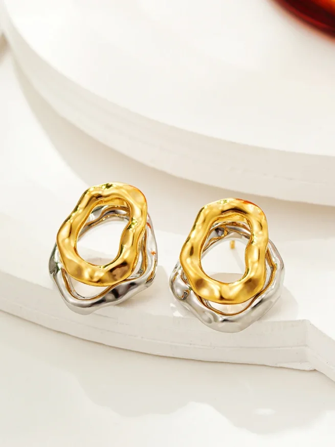 Geometric Stainless Steel Mix Color Bilayer Irregular Metal Texture Earrings