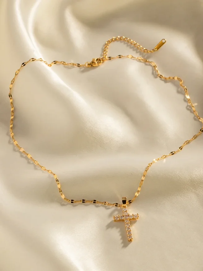 Stainless Steel 18K Gold Plated White Cubic Zirconia Cross Pendant Necklace