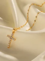 Stainless Steel 18K Gold Plated White Cubic Zirconia Cross Pendant Necklace