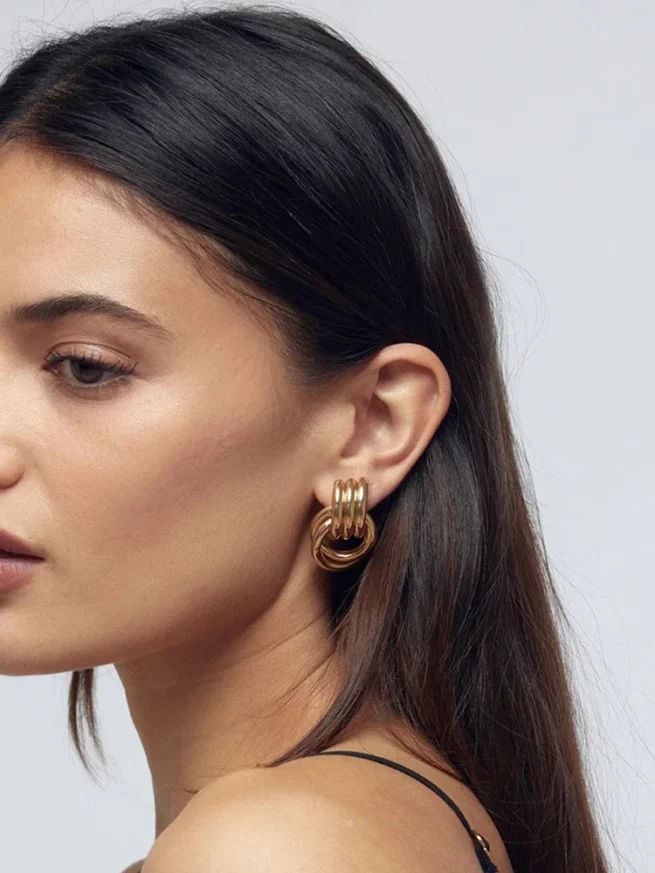 Gold plated multi layer stainless steel earrings with twisted circle knots