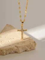 Stainless Steel 18K Gold Plated White Cubic Zirconia Cross Pendant Necklace