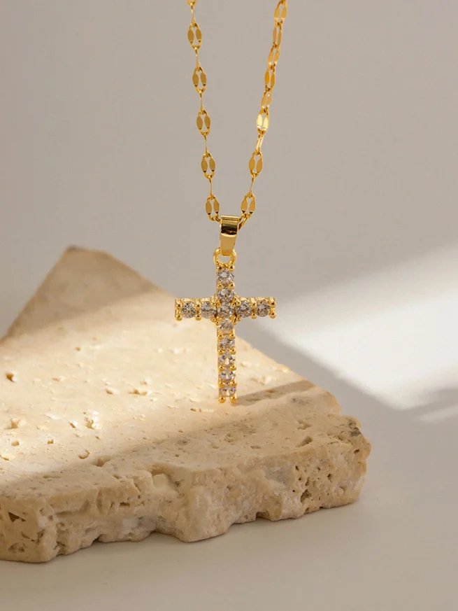 Stainless Steel 18K Gold Plated White Cubic Zirconia Cross Pendant Necklace