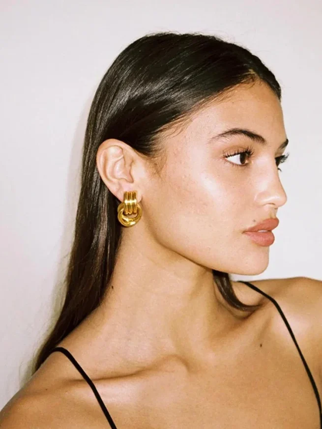 Gold plated multi layer stainless steel earrings with twisted circle knots