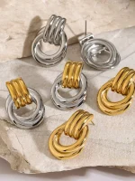 Gold plated multi layer stainless steel earrings with twisted circle knots