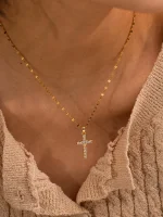 Stainless Steel 18K Gold Plated White Cubic Zirconia Cross Pendant Necklace