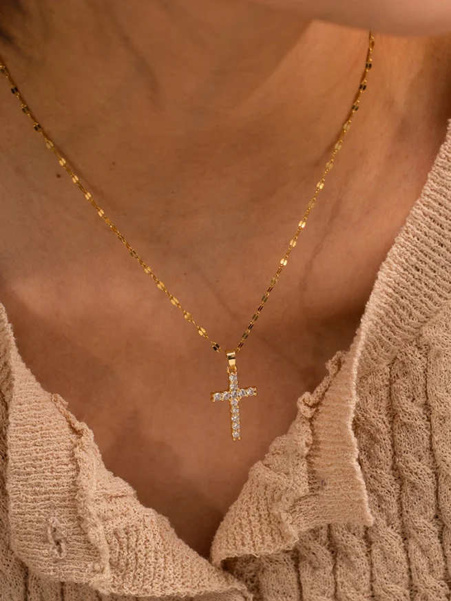 Stainless Steel 18K Gold Plated White Cubic Zirconia Cross Pendant Necklace