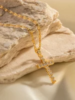 Stainless Steel 18K Gold Plated White Cubic Zirconia Cross Pendant Necklace
