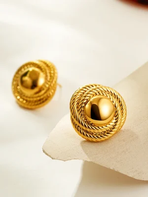 Vintage Gold Plated Stainless Steel Weave Twine Round Earrings